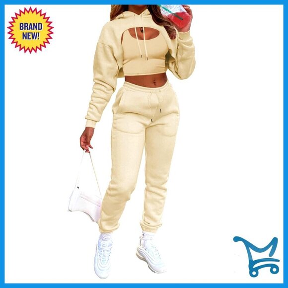 Tops - 3 Piece Tracksuit Set Crop Top Hoodie Tank Joggers Activewear Sweatsuit